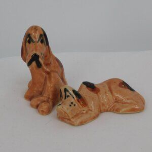 2 Porcelain Sad Hound Dog Figurine Brown Spotted Laying Sitting Unbranded FLAW